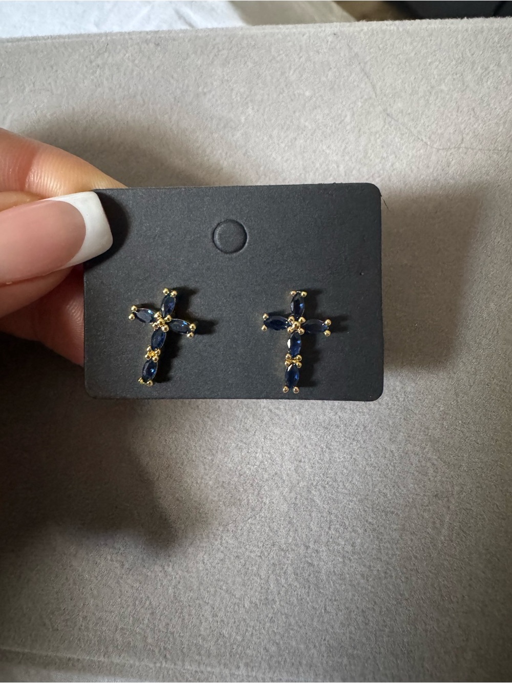 Gold-Tone Cross Stud Earrings with Navy Gemstones